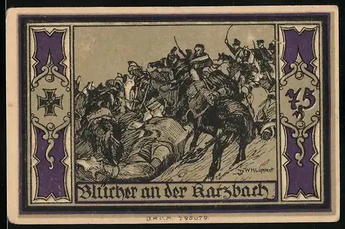 Notgeld Stolp in Pomm., 75 Pfennig, Blücher an der Karzbach