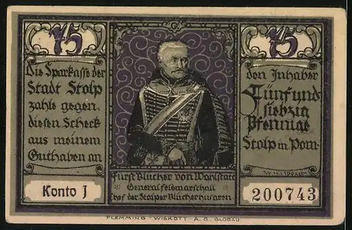 Notgeld Stolp in Pomm., 75 Pfennig, Blücher an der Karzbach