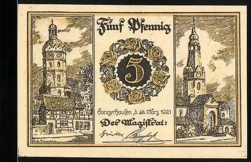 Notgeld Sangerhausen 1921, 5 Pfennig, Ansichten zweier Kirchen, Armer Mann