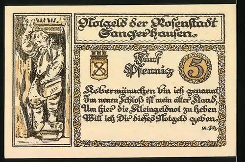 Notgeld Sangerhausen 1921, 5 Pfennig, Ansichten zweier Kirchen, Armer Mann