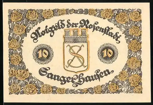 Notgeld Sangerhausen 1921, 10 Pfennig, Rosenkranz, Strassenpartie