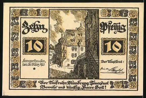 Notgeld Sangerhausen 1921, 10 Pfennig, Rosenkranz, Strassenpartie