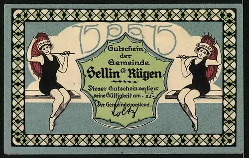 Notgeld Sellin a. Rügen, 75 Pfennig, Strandbesucherin, Strandweg, Leuchtturm