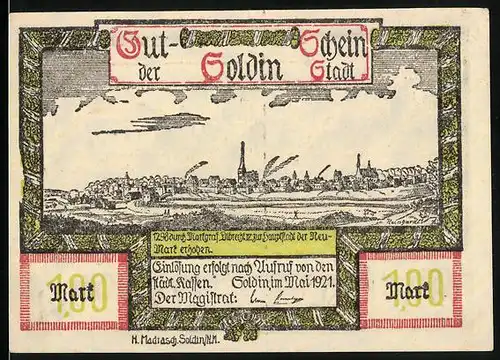 Notgeld Soldin 1921, 1 Mark, Gesamtansicht der Ortschaft, Burgruine