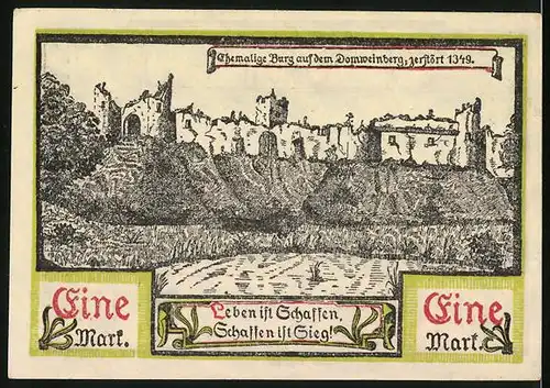 Notgeld Soldin 1921, 1 Mark, Gesamtansicht der Ortschaft, Burgruine