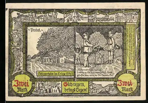 Notgeld Soldin 1921, 2 Mark, Schipperheim im Kriege 1914 /18, Byritzer Tor