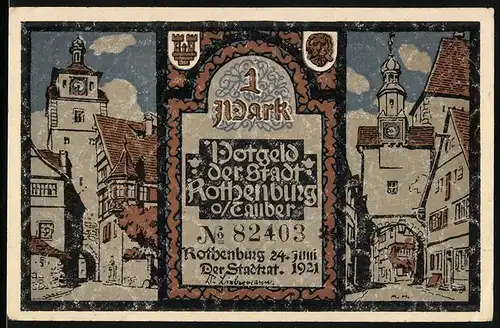 Notgeld Rothenburg o. Tauber 1921, 1 Mark, Ortspartien, Jesus mit Kreuz, Justitia