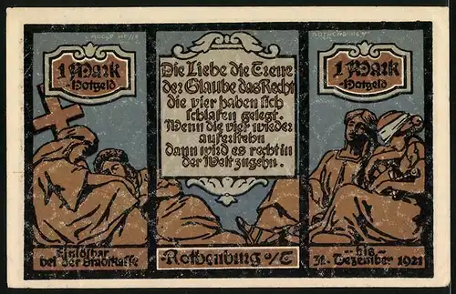 Notgeld Rothenburg o. Tauber 1921, 1 Mark, Ortspartien, Jesus mit Kreuz, Justitia