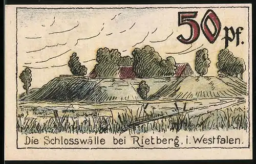 Notgeld Rietberg i. W. 1921, 50 Pfennig, Ansicht der Schlosswälle
