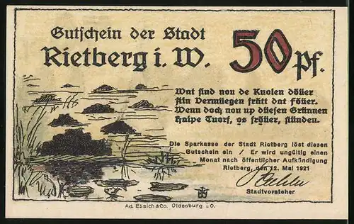 Notgeld Rietberg i. W. 1921, 50 Pfennig, Ansicht der Schlosswälle