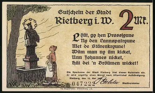 Notgeld Rietberg i. W. 1921, 2 Mark, St. Johannes-Kapelle, Denkmal