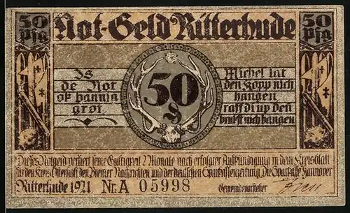 Notgeld Ritterhude 1921, 50 Pfennig, Waffenarsenal, Blick auf das Schloss