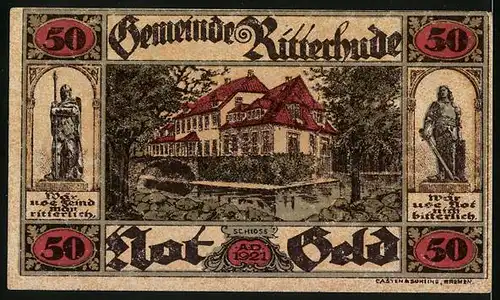 Notgeld Ritterhude 1921, 50 Pfennig, Waffenarsenal, Blick auf das Schloss