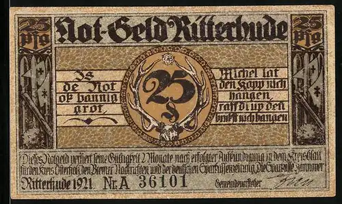 Notgeld Ritterhude 1921, 25 Pfennig, Waffenarsenal, Blick auf das Schloss