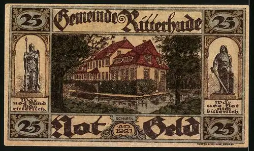 Notgeld Ritterhude 1921, 25 Pfennig, Waffenarsenal, Blick auf das Schloss
