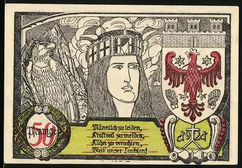 Notgeld Soldin 1921, 50 Pfennig, Partie am Rathaus, Wappen