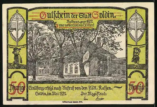 Notgeld Soldin 1921, 50 Pfennig, Partie am Rathaus, Wappen