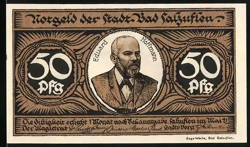 Notgeld Bad Salzuflen 1921, 50 Pfennig, Portrait Eduard Hoffmanns, weisse Katze