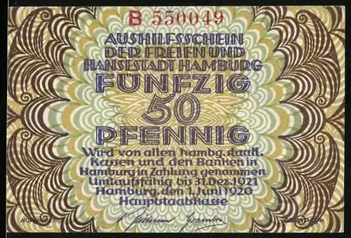 Notgeld Hamburg 1920, 50 Pfennig, Löwen am Stadtwappen