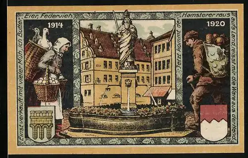 Notgeld Kitzingen a. M. 1920, 50 Pfennig, Bauersfrau und Hamsterer, Falterturm