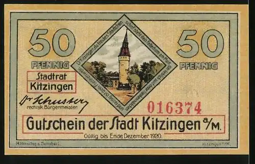 Notgeld Kitzingen a. M. 1920, 50 Pfennig, Bauersfrau und Hamsterer, Falterturm