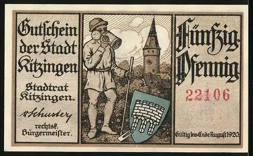 Notgeld Kitzingen 1920, Flusspanorama mit Dampfer, Biertrinker vor Falterturm