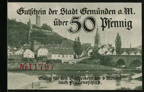 Notgeld Gemünden a. M., 50 Pfennig, Ortsansicht am Fluss mit Brücke