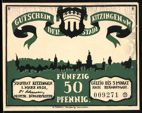 Notgeld Kitzingen a. M. 1921, 50 Pfennig, Shilouette der Stadt im Grünen, Geldhamsterer