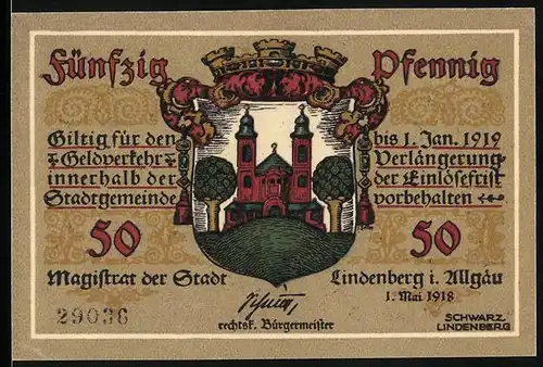 Notgeld Lindenberg i. Allgäu 1918, 50 Pfennig, Ortswappen und Soldat