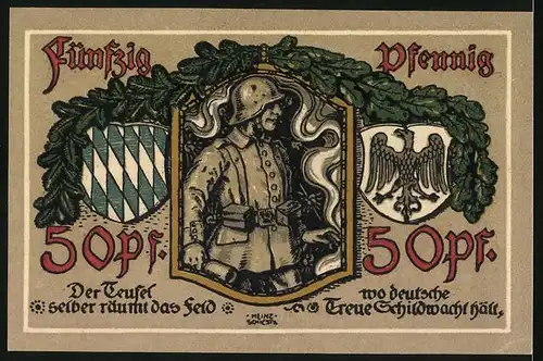 Notgeld Lindenberg i. Allgäu 1918, 50 Pfennig, Ortswappen und Soldat