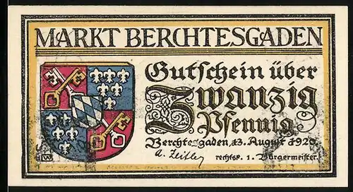 Notgeld Berchtesgaden 1920, 20 Pfennig, Wappen und Bergpanorama
