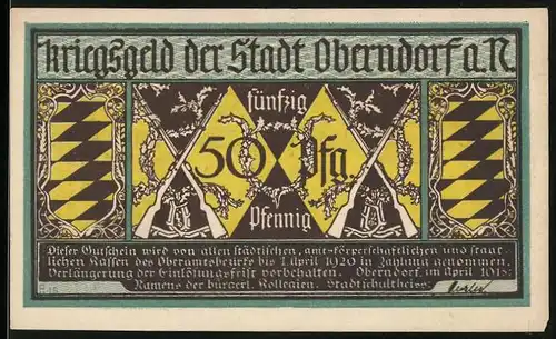 Notgeld Oberndorf a. N., 1920, 50 Pfennig, Jägersmann mit seinem Hund