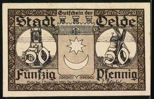 Notgeld Oelde 1920, 50 Pfennig, Kirche und Windmühle, Kirmes