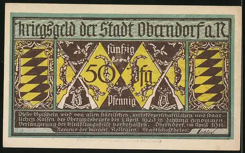 Notgeld Oberndorf a. N. 1920, 50 Pfennig, rauchender Jäger mit seinem Hund