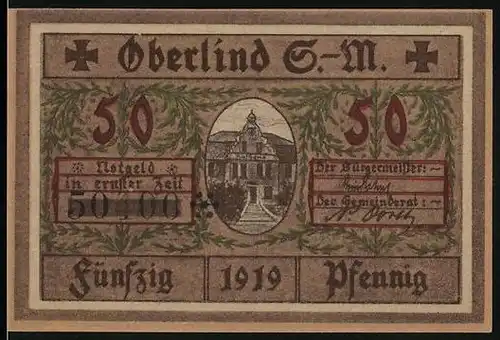 Notgeld Oberlind /S.-M. 1919, 50 Pfennig, Treppe zum Rathaus, Blick auf die Kirche