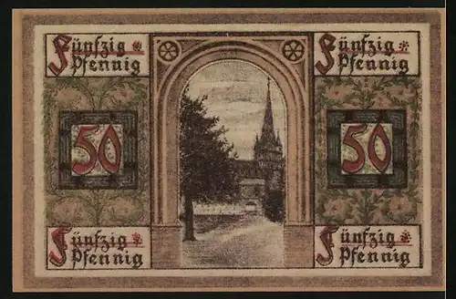 Notgeld Oberlind /S.-M. 1919, 50 Pfennig, Treppe zum Rathaus, Blick auf die Kirche