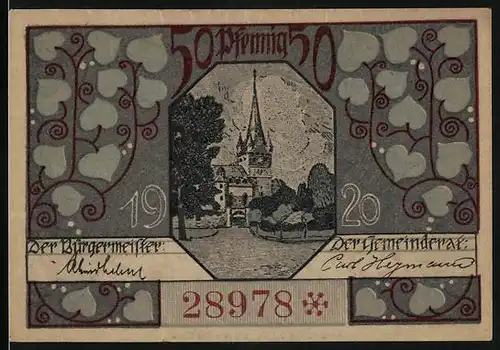 Notgeld Oberlind /S.-M. 1920, 50 Pfennig, Partie an der Kirche, Schmied und Bauer