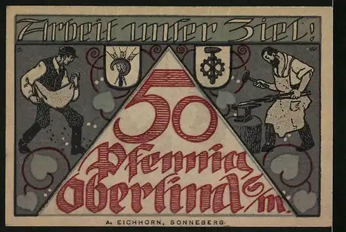 Notgeld Oberlind /S.-M. 1920, 50 Pfennig, Partie an der Kirche, Schmied und Bauer