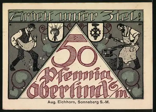 Notgeld Oberlind /S.-M. 1920, 50 Pfennig, Bauer, Schmied und Kirche