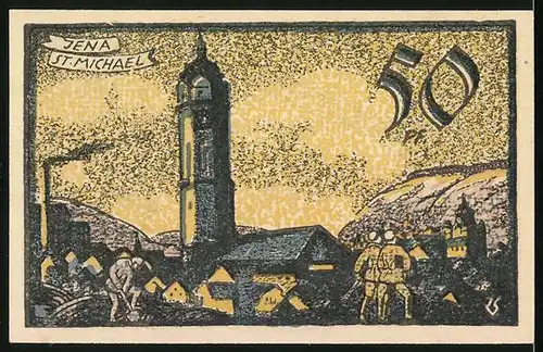 Notgeld Jena 1921, 50 Pfennig, Ortsansicht mit Kirche