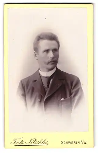 Fotografie Fritz Nitschke, Schwerin a. W., Markt 21, Eleganter Herr mit Schnauzbart u. breiter Krawatte