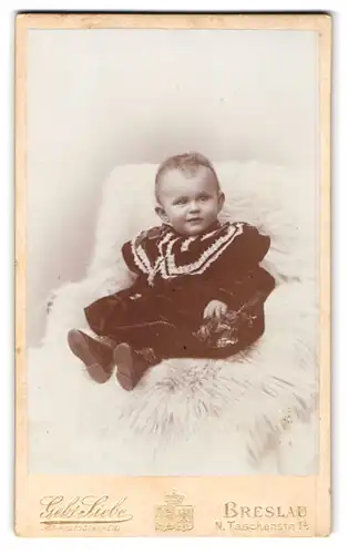 Fotografie Gebr. Liebe, Breslau, Taschenstr. 1b, Kleinkind in schickem Kleid mit Rosen in der Hand auf einem Pelz