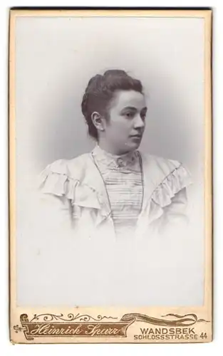 Fotografie Heinrich Sparr, Wandsbek, Schlossstrasse 44, Junge Dame mit aufwendig hochgesteckter Frisur in weissem Kleid