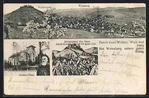 AK Weinsberg, Kernerhaus, Portrait, Belagerung der Burg Weibertreu durch Kaiser Conrad III. im Jahr 1140, Panorama