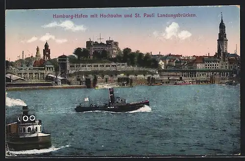 AK Hamburg, Hafen mit Dampfer, Hochbahn und Landungsbrücken