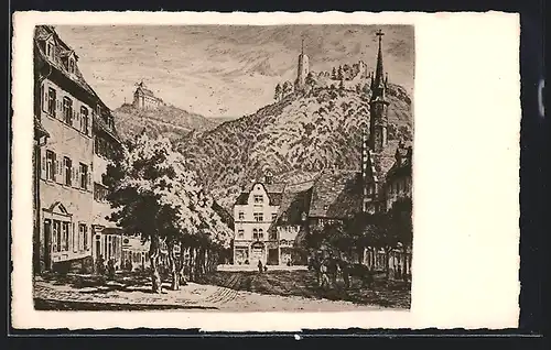 Künstler-AK Weinheim, Marktplatz mit Pferden