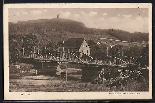 AK Witten, Ruhrbrücke mit Kühen und Heleneturm