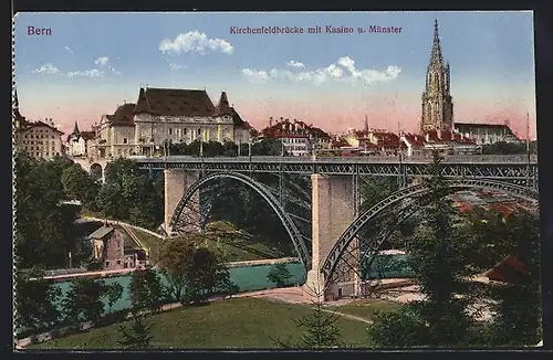 AK Bern, Kirchenfeldbrücke mit Kasino und Münster