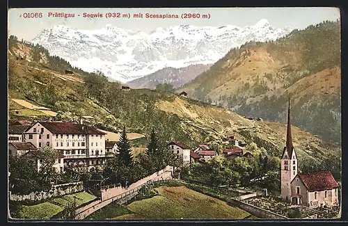 AK Seewis, Panorama mit Kirche und Scesaplana