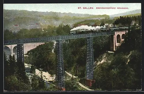 AK St. Gallen, Eisenbahnbrücke (Bruggen) mit Eisenbahn